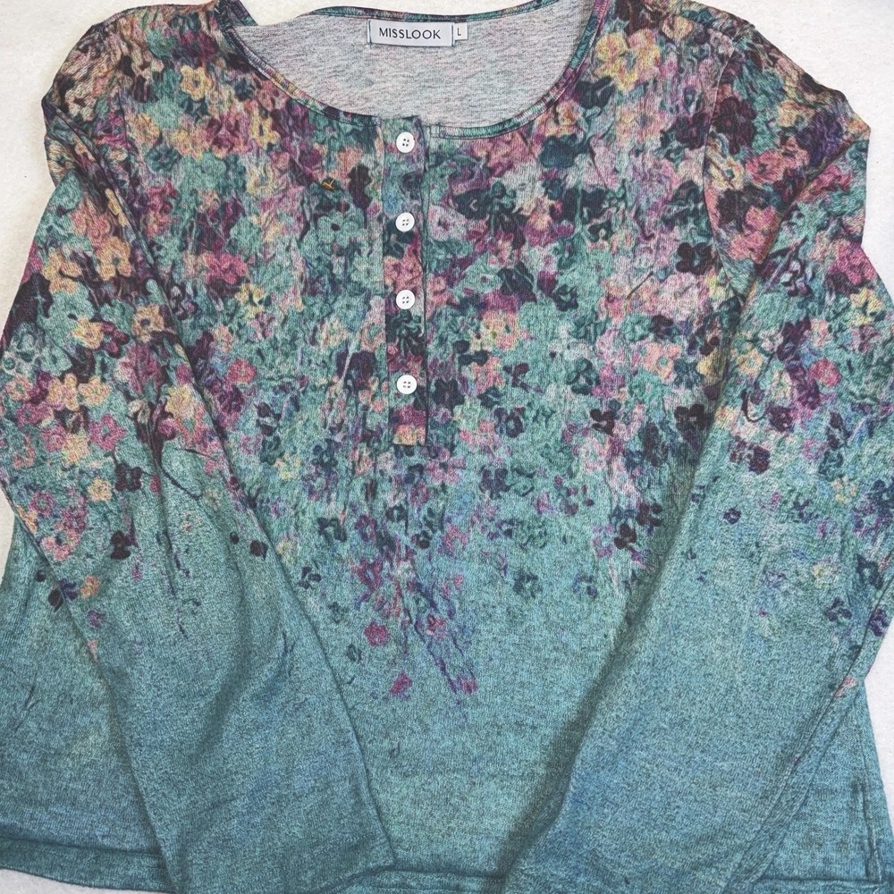 Misslook‎ Women's Floral Henley Top Size L Teal Purple Long Sleeve Lightweight